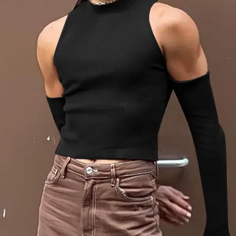 Men's Slim Cold Shoulder Mock Neck Crop Tank Top, Cut Out Long Sleeve T-shirt for Spring & Fall, Comfort Basic Minimalist Menswear for Daily Wear
