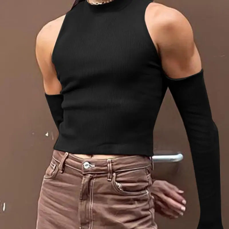 Men's Slim Cold Shoulder Mock Neck Crop Tank Top, Cut Out Long Sleeve T-shirt for Spring & Fall, Comfort Basic Minimalist Menswear for Daily Wear