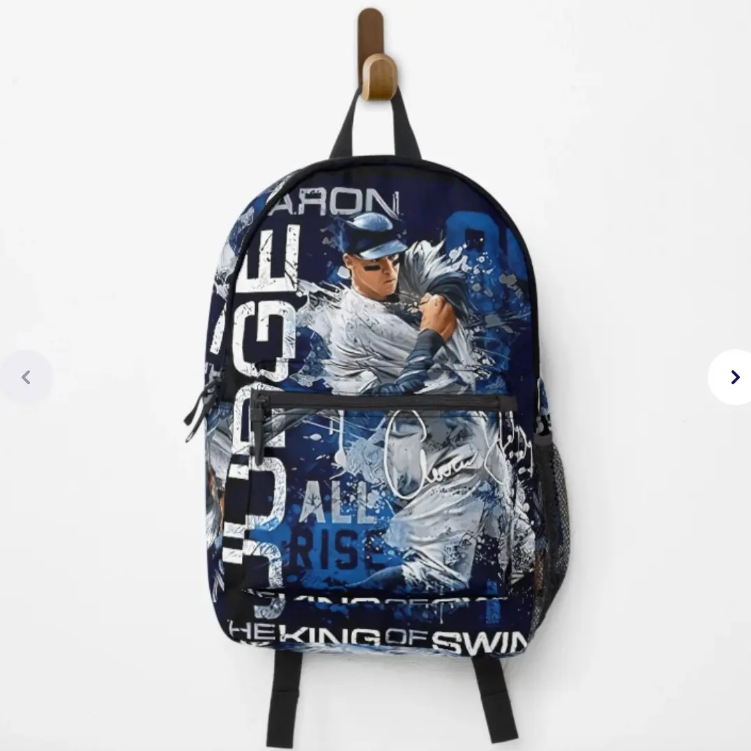Aaron Judge Vintage Backpack - Blue Design with All Rise Text & The King of Swing Theme for Sports Enthusiasts