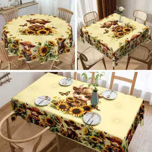 1pc Highland Cow & Sunflower Tablecloth - Vintage Farmhouse Decor with Cute Scottish Cow & Floral Design, Durable Polyester Table Cover for Kitchen, Dining, Parties, Picnics - Easy-Clean Rustic Tablecloth for Country Kitchen, Birthday, Wedding