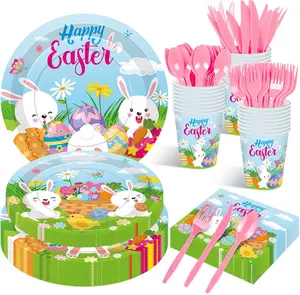 175 Pcs Easter Day Tableware Set - Serves 25, Happy Easter Bunny and Egg Disposable Plates, Cups, Napkins, Forks, Spoons, Knives for Spring Gatherings, and Kids' Birthday Party Supplies