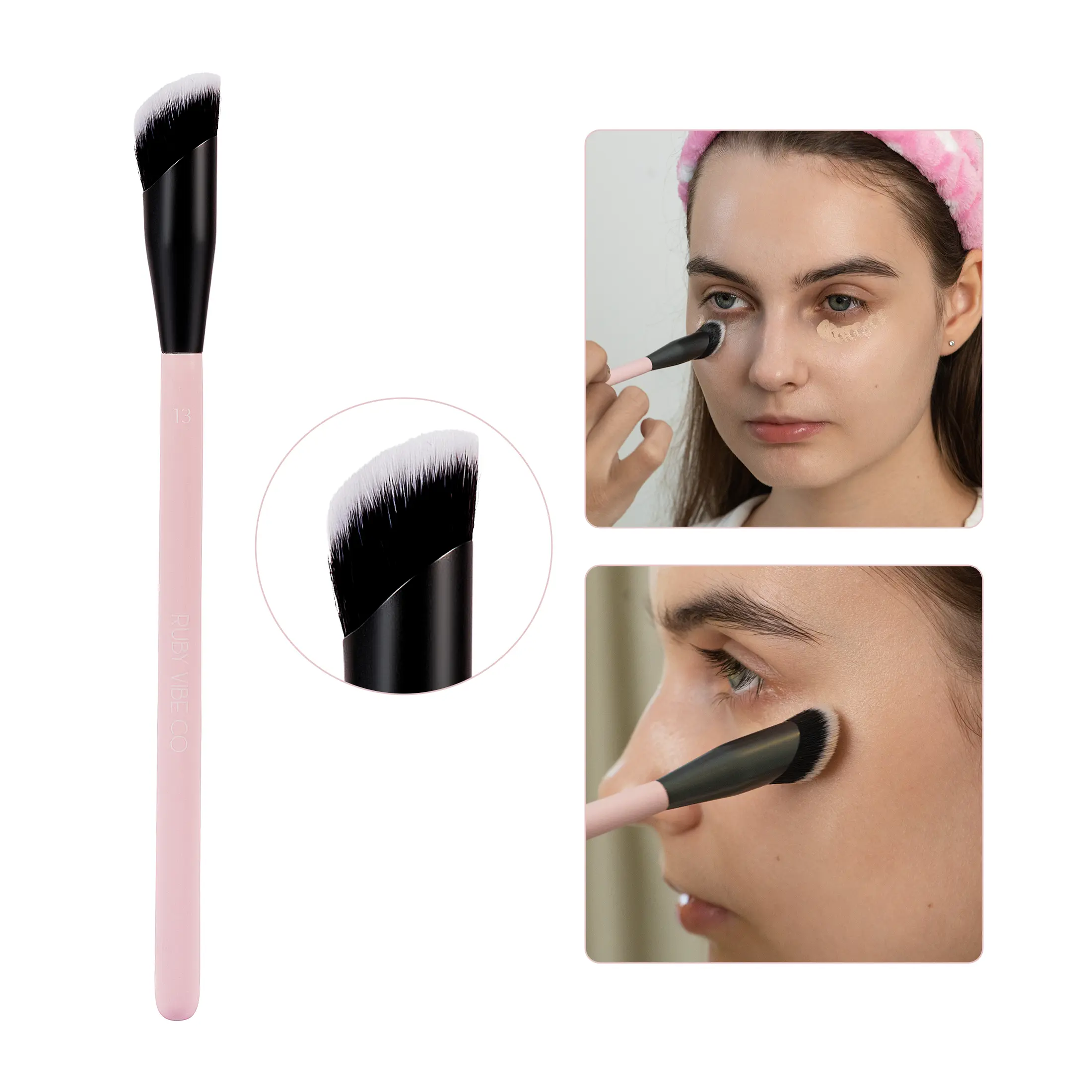 RUBY VIBE CO Tri-Angle Concealer Brush, Angled Under Eye Makeup Brush, Precision Face Blending Brush for Liquid, Cream & Powder Makeup, Cute Makeup Brush with Synthetic Fibers