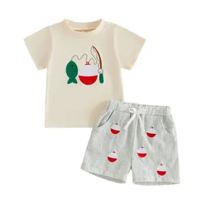 Baby Clothing Toddler Boy's 2-Piece Summer Outfit Set - Fish Print Short-Sleeve T-Shirt, Striped Shorts - for Outdoor Beach, Casual Daily Wear