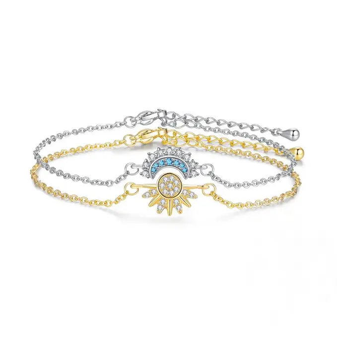 Sun and Moon Bracelet Set - Dainty High Quality Fashion Wrist Jewelry, Stackable Gold Sun & Blue Moon Bracelets for Women, Couples Friendship Gift