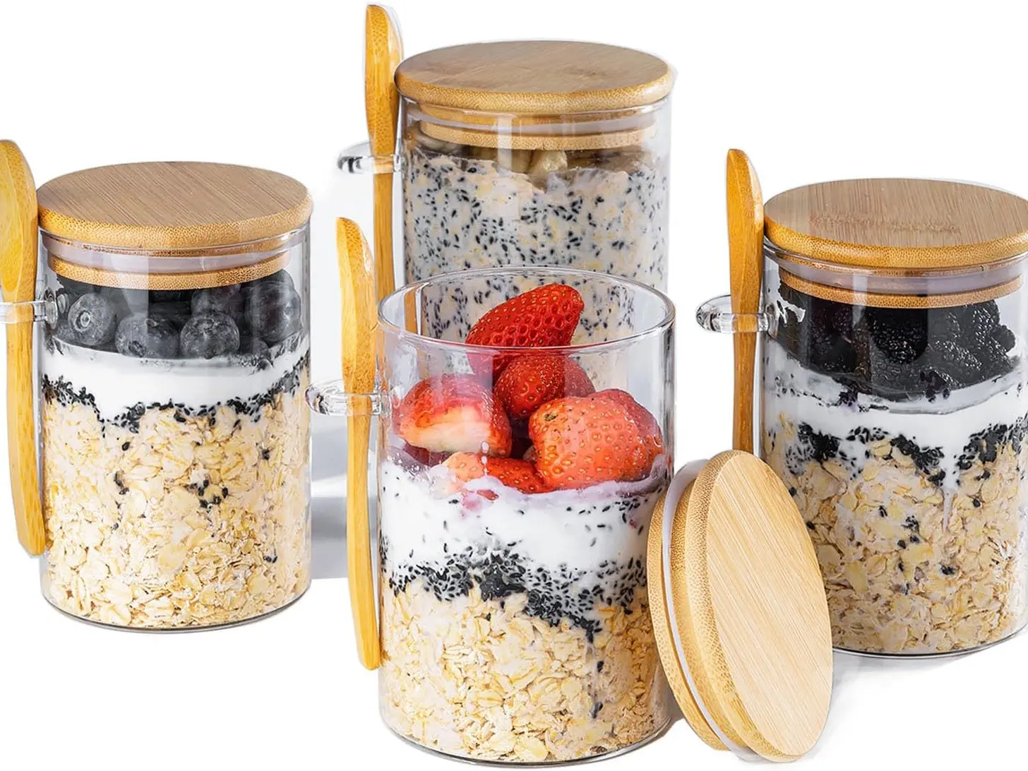 Overnight Oats Containers with Lids,16oz Overnight Oats Jars 4 Pack, Oatmeal Cups,Meal Prep Containers,Glass Meal Prep Containers with Lids,China Pudding Jars