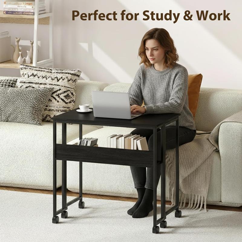 Folding Rolling Desk - 24.8 Inch Space Saving with Laptop Table Storage Shelf, Sturdy Frame, Mobile Workstation Sofa Table with Wheels for Dorms, Home, Office, Study  Black