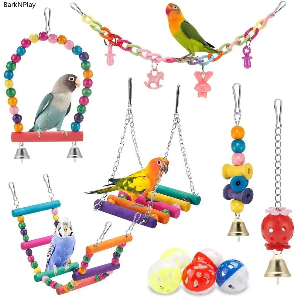 Bird Cage Toy Set with Swing, Hammock, Climbing Ladder and Chew Toys, Colorful Parakeet and Budgie Toys for Cockatiels, Conures, Lovebirds, Finches and Small Birds, Interactive Cage Accessories
