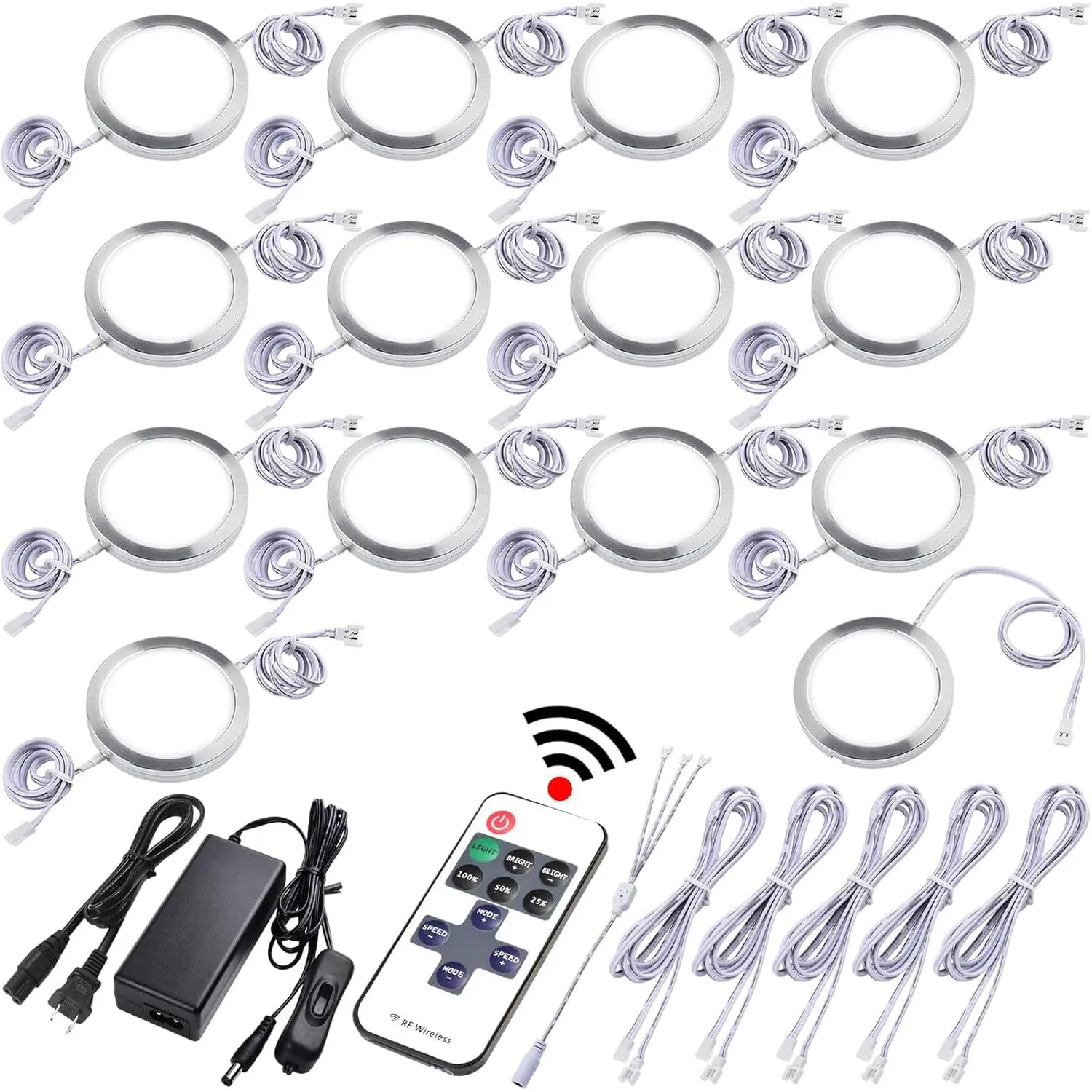 Under Cabinet Lighting Kit, Display Case Lighting, Dimmable Wireless RF Remote Control, Linkable Wired LED Puck Lights, AC120V to DC12V, Hardwired or Wall Plug, Daylight, 14 Lights