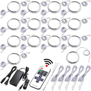 Under Cabinet Lighting Kit, Display Case Lighting, Dimmable Wireless RF Remote Control, Linkable Wired LED Puck Lights, AC120V to DC12V, Hardwired or Wall Plug, Daylight, 14 Lights