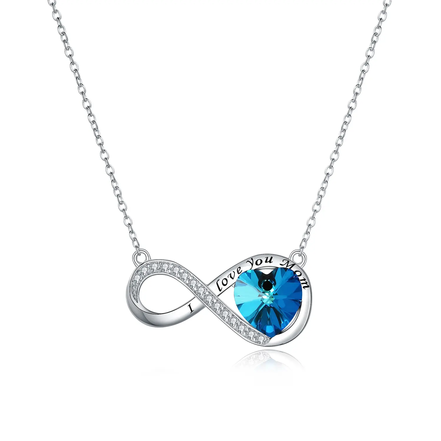 OIDEA Women's Infinity Heart Pendant Necklace, Platinum Plated with Bermuda Blue Crystal Glass and Cubic Zirconia Accents, 17.7-inch Fashion Jewelry Gift for Mother's Day, Anniversary, Bling Effect, 0.55"(1.4Cm) X 1.10"(2.8Cm), 17.7 Inches