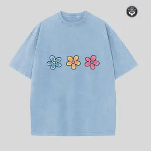 Unisex Retro Three Flowers T-Shirt, Vintage Washed Purple Pastel Floral Graphic Tee, Minimalist Colorful Flower Print Short Sleeve Crew Neck Casual T-Shirt