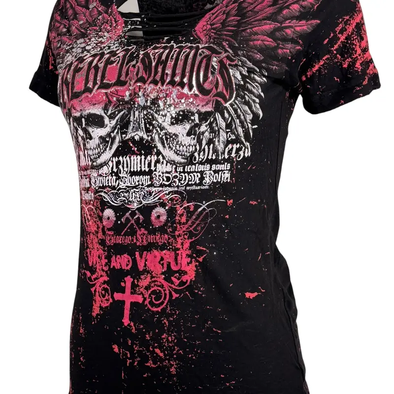 Women's Cotton Gothic Biker Rebel Graphic Print T-Shirt - Rebel Saint by Affliction, Short-Sleeve, Round Neck, Racerback, Casual Streetwear Top, Goth Gift, RBW0434