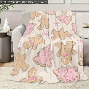 1pc Flannel Blanket, Christmas Theme Pink Gingerbread Biscuit Pattern, Can Be Used for Sofa, Lunch Break, Travel, Holiday Gift, Camping, Home Decor, Warm Soft Blanket, All Seasons