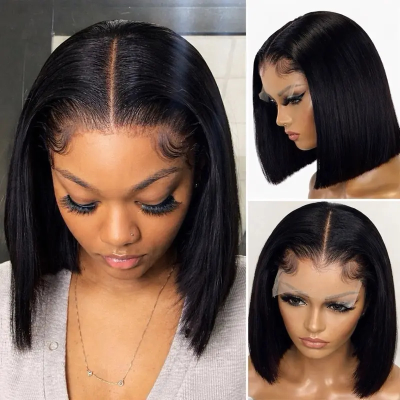 200% HD Lace Front Silky Straight Human Hair Bob Wigs 13x4  display picture 3