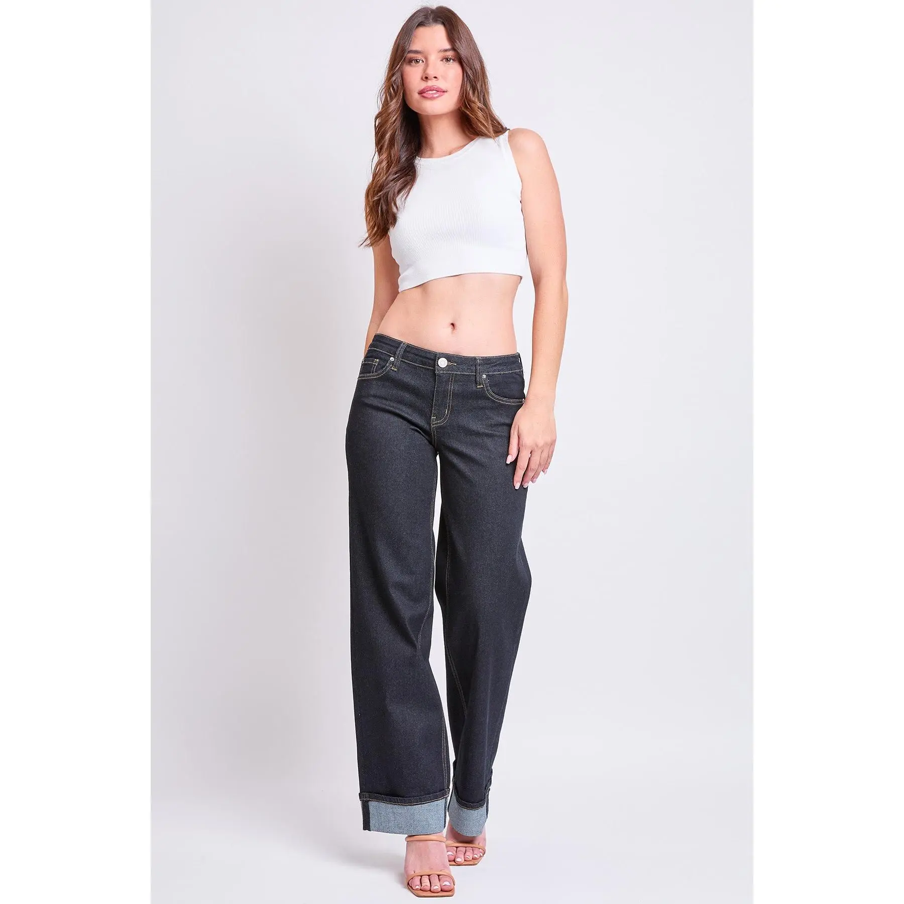 Women's Britney Low-Rise Wide-Leg Cuff Jeans, Streetwear Style, Spandex-Blend Fabric, With Pocket, Pair With Sweaters, Cuffed, Twist, Comfortable