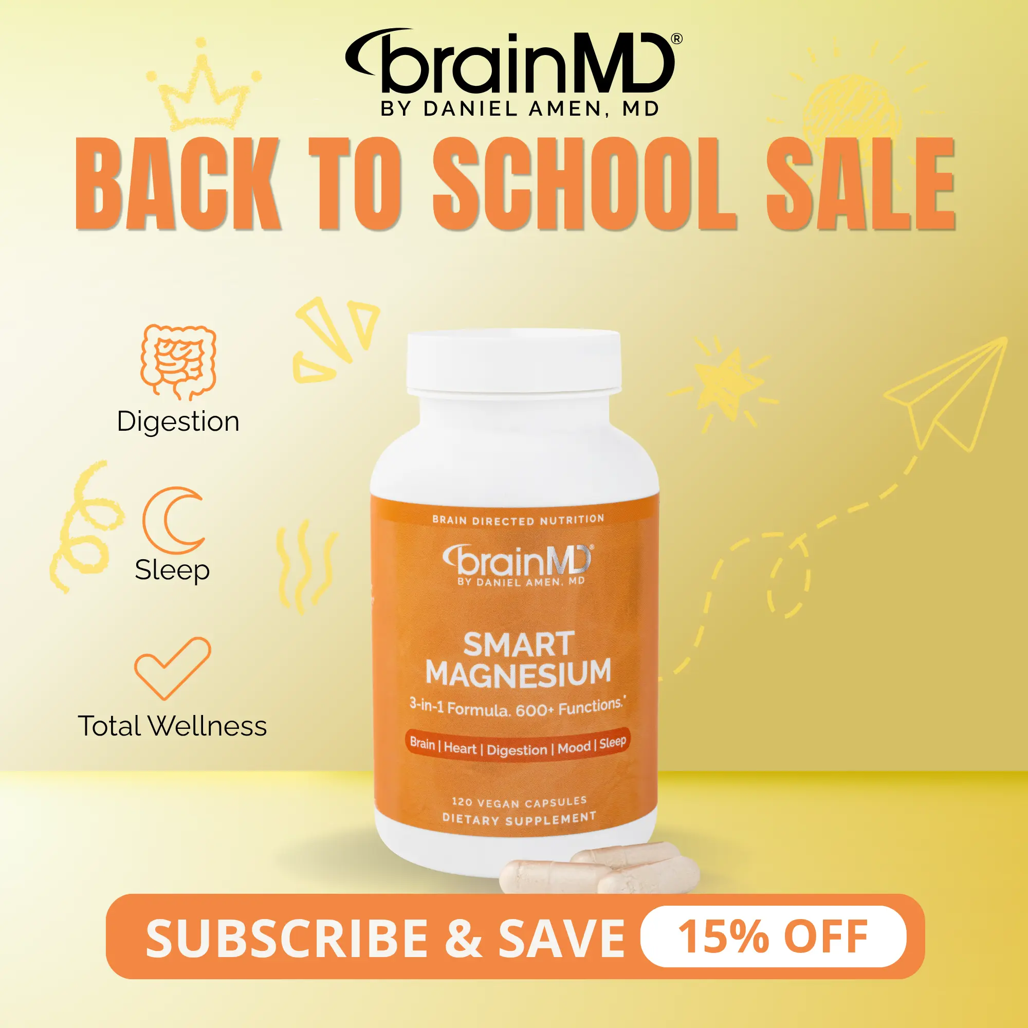 Smart Magnesium | BrainMD | 120 Capsules | Digestion, Sleep & Stress Support | Bone, Cardiovascular & Mental Clarity Support | Magnesium Citrate, Glycinate & Malate