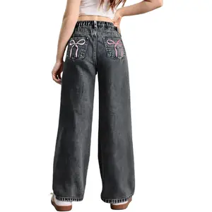 Girl's Bow Print Back Zipper Fly Elastic High Waist Denim Pants Basic Wide Leg Jeans
