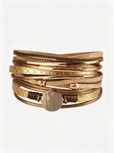 Elegant Bohemian Aesthetic Wrist Bracelet, Faux Leather Two Loops, Metal Crescent Magnetic Clasp, Gift for Mother & Sister, 1pc, Exquisite Bracelet