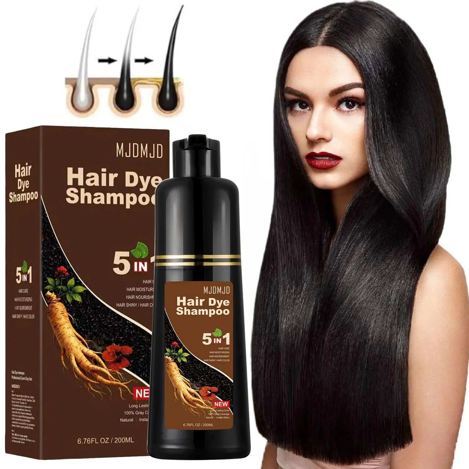 MJDMJD Hair Dye Care Christmas Gift Black Hair Dye Shampoo,Quick Acting Hair Dye,Efficiently Covers White Hair,5 in 1,Containing Ginger And Ginseng Extract,Simple And Easy to Use - Suitable for All Hair Types,200 ML Natural Ingredients Haircare
