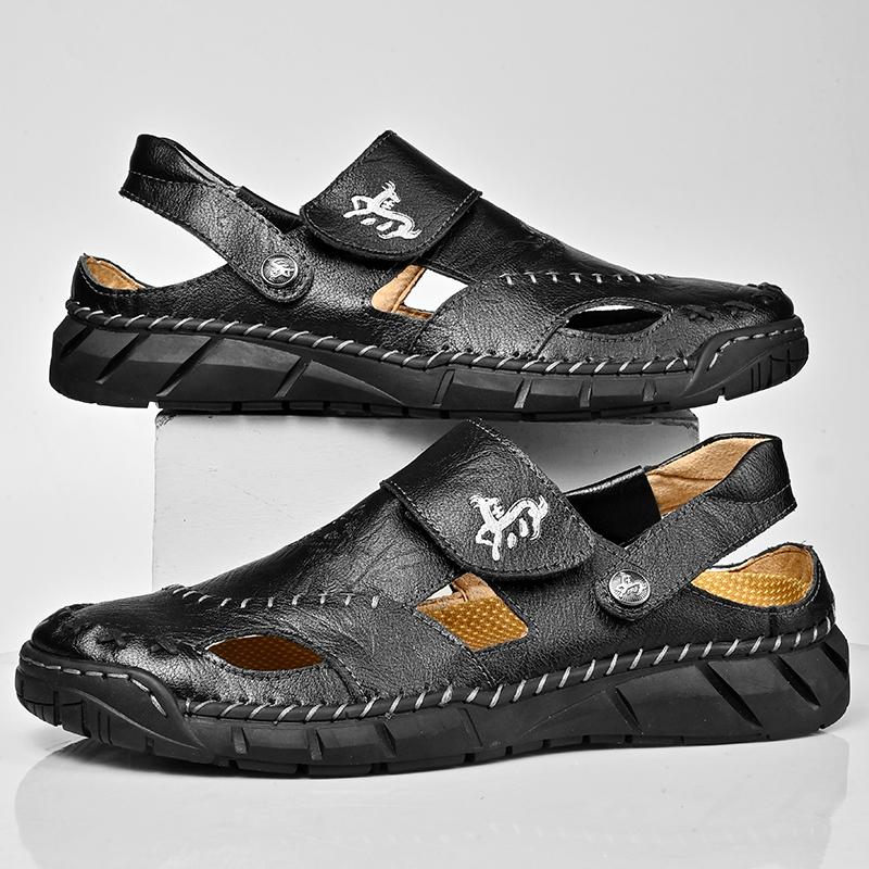 GREKS Men's Casual Hiking Beach Sandals Hand-Stitched Hollow Slip-on Wide Fit Non-Slip Breathable Dark Brown Black