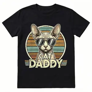 Funny Sphynx Cat Daddy Shirt - Retro Vintage Sunset Hairless Cat T-Shirt for Men - Cool Cat Dad Graphic Tee Gift for Him