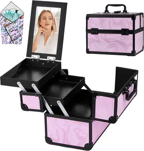 Makeup  Case, Portable Makeup Case with Mirror, 2-Trays  Organizer Case, Polish Organizer, Travel Makeup Box, Profesional for Salon Barber,  Black