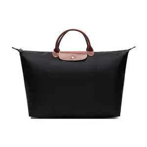 Longchamp Le Pliage 45 Original Large Travel Tote Bag for Women in Black with Recycled Nylon and Leather Trim