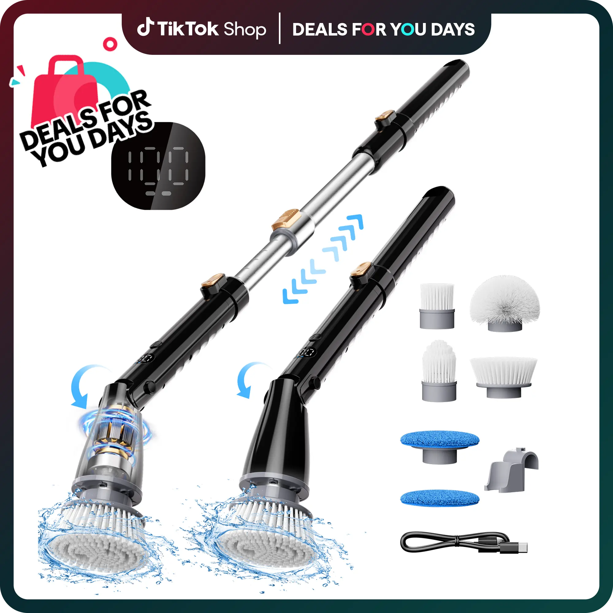 【2026 newly upgraded】Trucozie T355 Electric Spin Scrubber, Cordless Cleaning Brush with 440RPM/90Mins Runtime, 3 Adjustable Angles&Sizes, 6 Replaceable Brush Heads, 2 Speeds for Bathroom Glass, Car Cleaning, Bathtub, and Shower