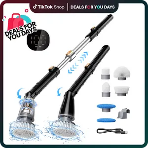 【2026 newly upgraded】Trucozie T355 Electric Spin Scrubber, Cordless Cleaning Brush with 440RPM/90Mins Runtime, 3 Adjustable Angles&Sizes, 6 Replaceable Brush Heads, 2 Speeds for Bathroom Glass, Car Cleaning, Bathtub, and Shower