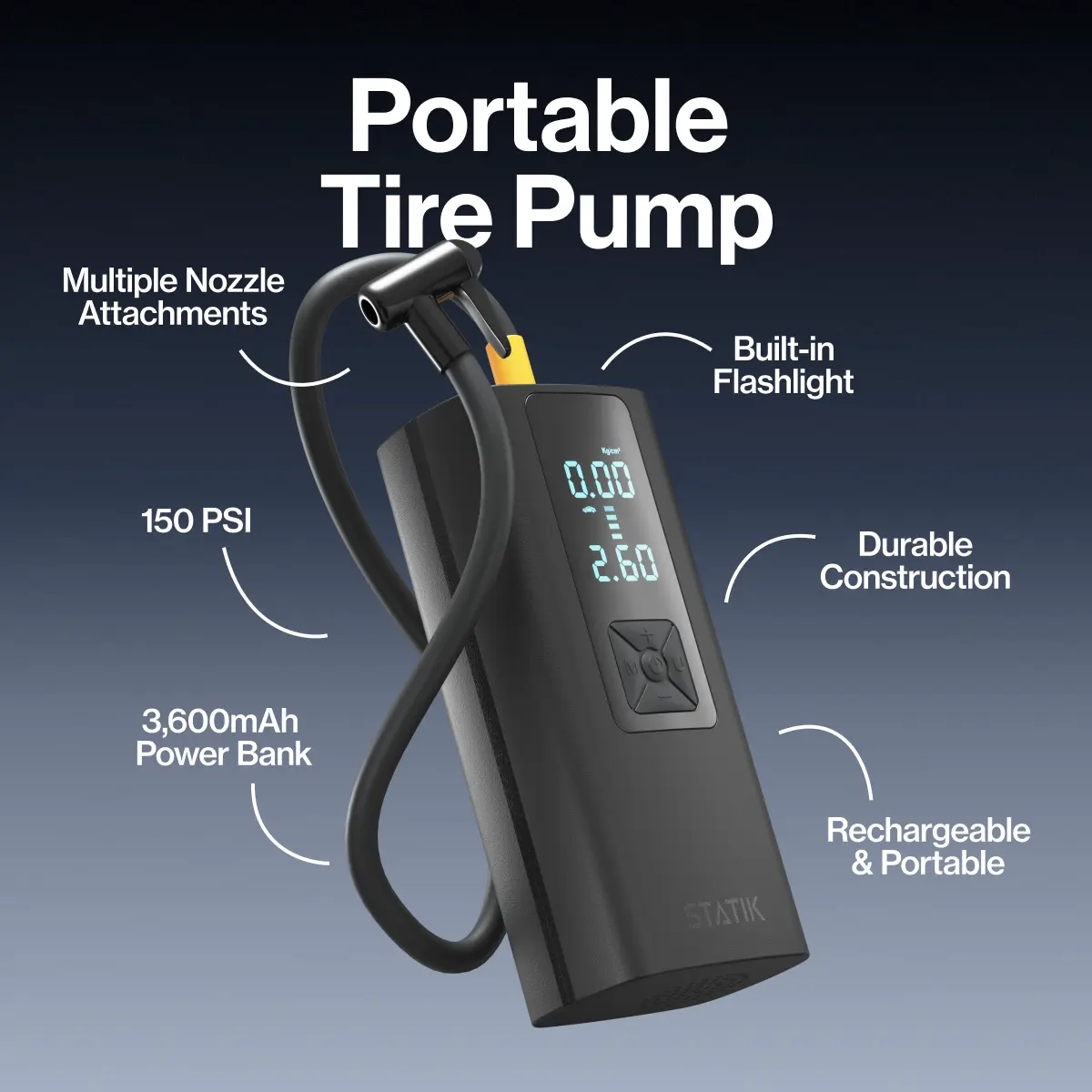STATIK TireHero: Air Pump & Power Bank | 150 PSI Portable Tire Inflator | LCD Display | Built-In Flashlight | Multiple Nozzles | USB-C Rechargeable | Car, Bike, Motorcycle, Scooter & Ball