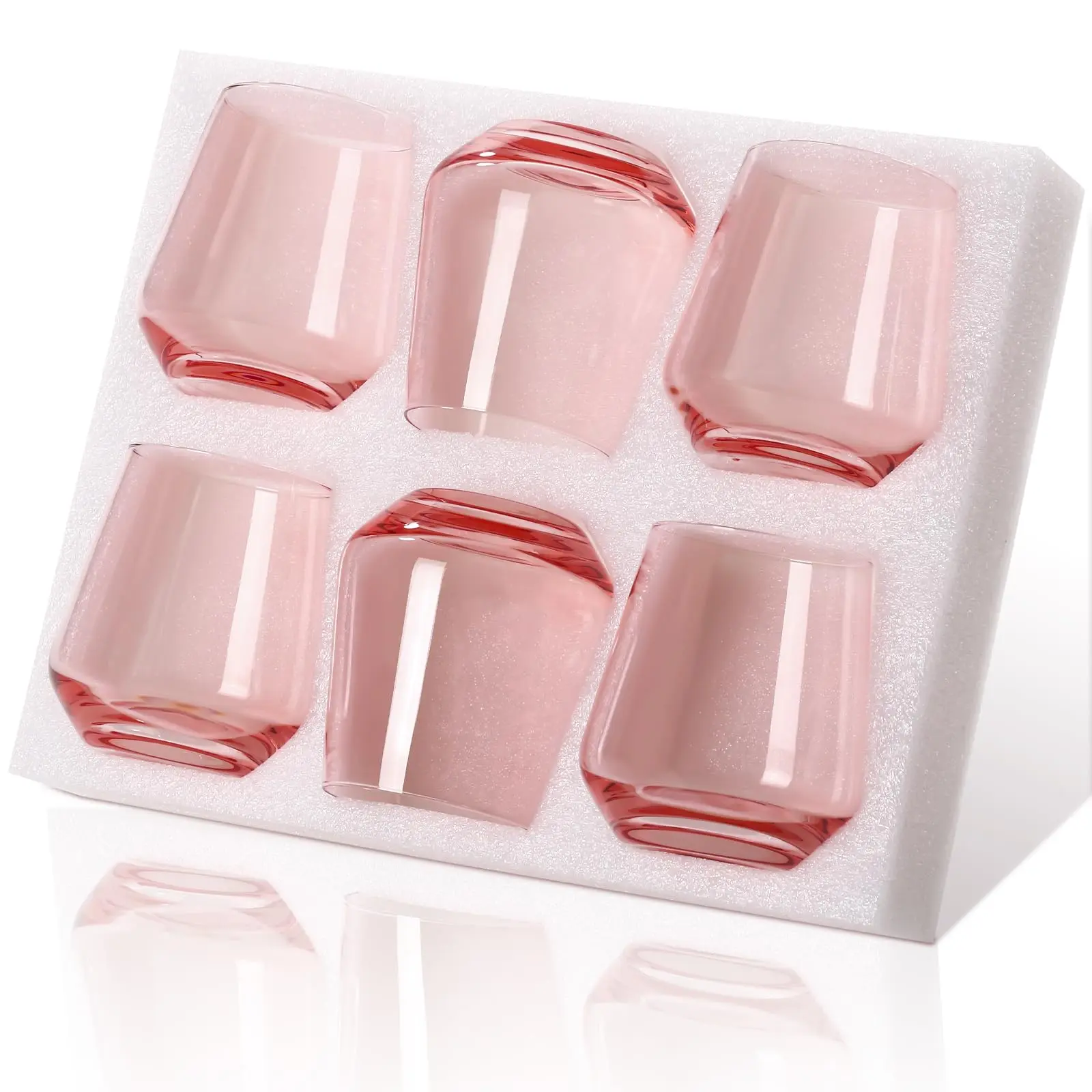 Physkoa Round Blush Pink Stemless Crystal Wine Glasses Set of 6 - 17 oz Hand-Blown Durable Party Drinking Glasses for Wine Lovers, Party Wine Glasses