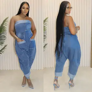 European and American denim workwear multi-pocket stitching washed loose sleeveless jumpsuit