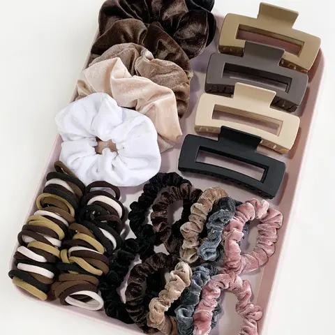 Mixed Color Hair Tie & Hair Claws Set, 2024 New Style Casual Simple Fashion Hair Accessories for Women & Girls, Minimalist Headwear Suitable for Thick Hair, Flat Claw Clips, Hair Bun Accessories