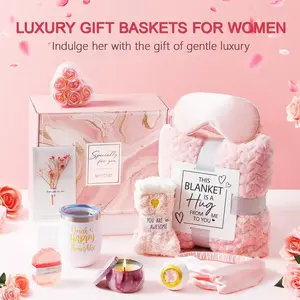 Women's Birthday Gift Basket, Rose Soothing Spa Set, Flannel Blanket Care Package, Unique Mother's Day Present for Mom Wife Girlfriend Sister