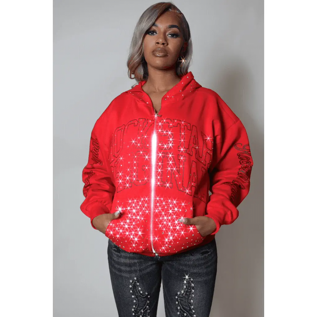 Alvina Red Rhinestone Zip Up Hoodie