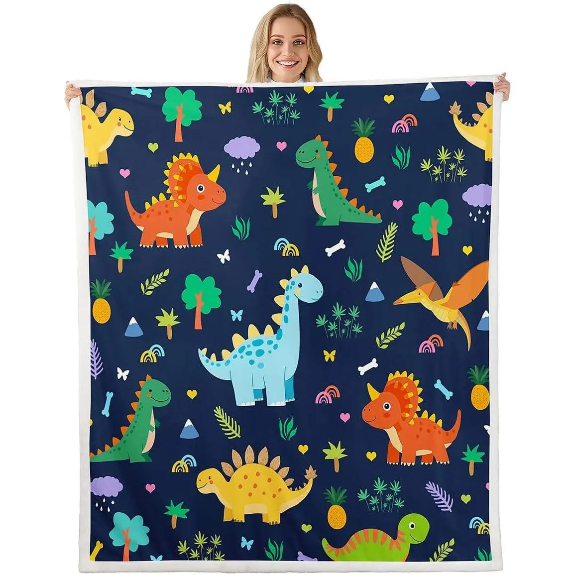 Cute Dinosaur Sherpa Blanket Plush Fuzzy Dinosaur Fleece Throw Blanket Cartoon Animal Bed Couch Chair Living Room Navy Blue Bedroom Decor Throw