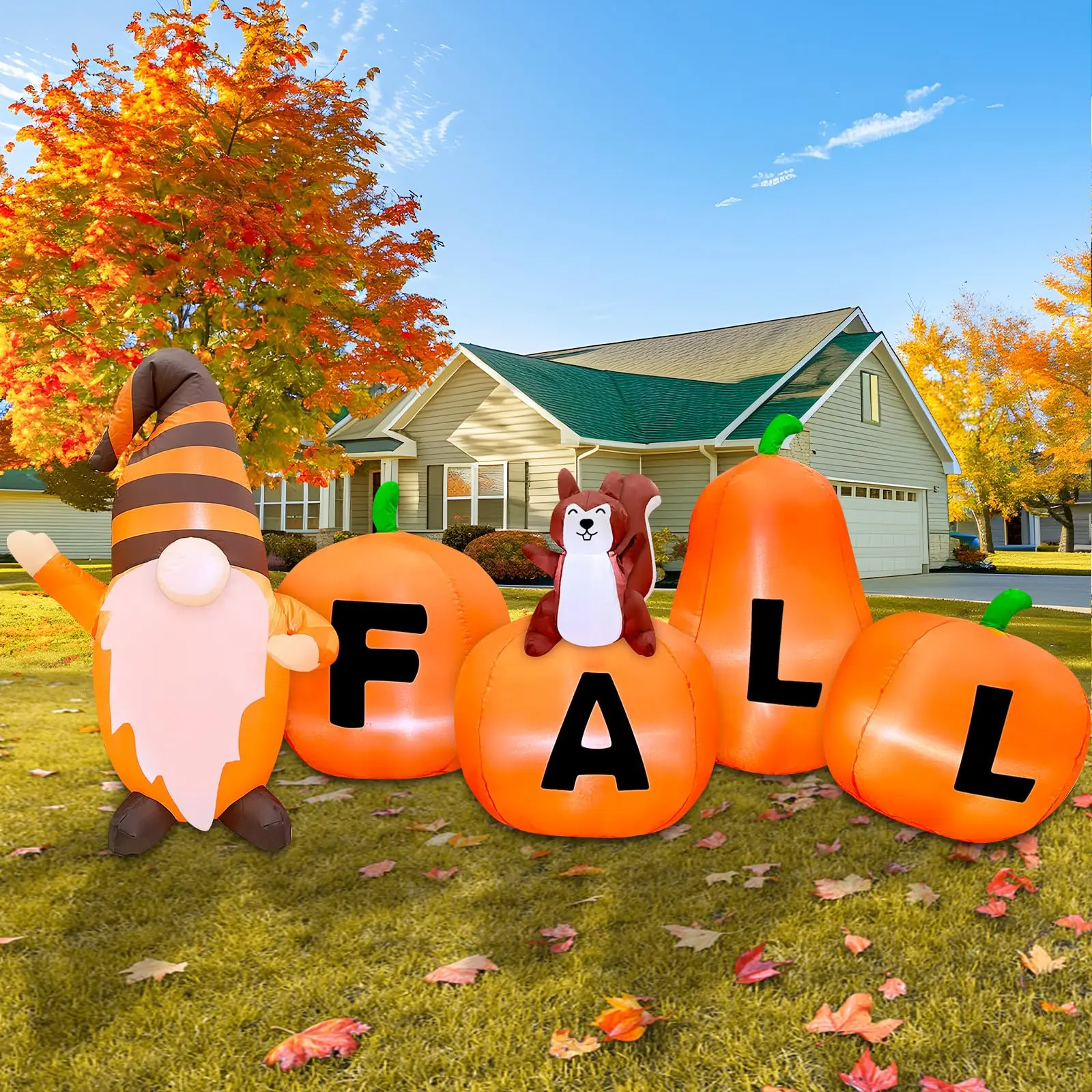 7FT Long Fall Inflatables Outdoor Decorations, Fall Blow Up Yard Decorations Harvest Pumpkin with Gnome Squirrel Built-in LED Autumn Harvest Thanksgiving Inflatables Outdoor Garden Lawn Party