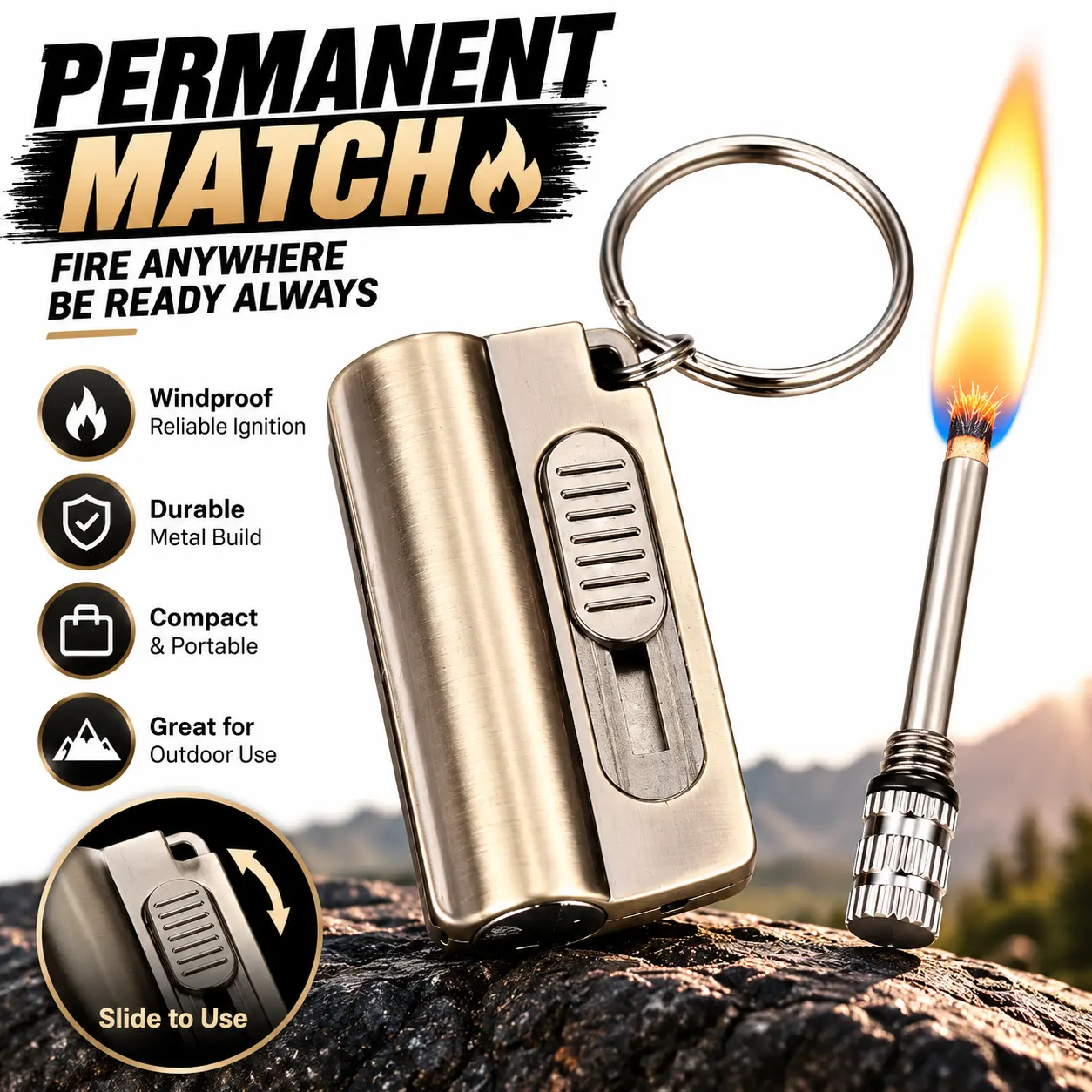 Permanent Match Fire Starter Keychain, Refillable Waterproof Flint Striker, Compact Metal Ignition Tool for Camping, Hiking, BBQ, Outdoor Activities & Emergency Use, Fuel Not Included