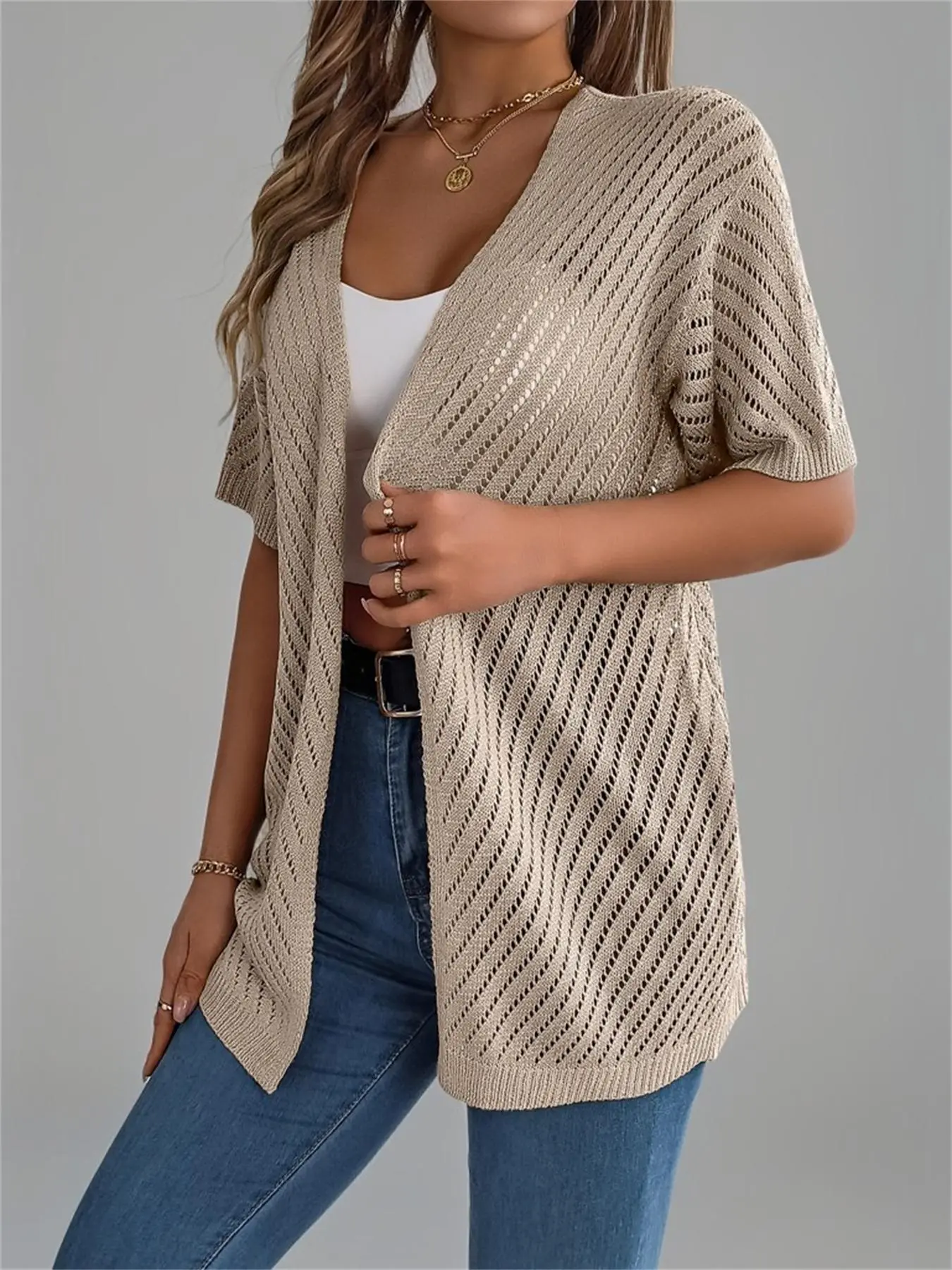 Women's Plain Basic Minimalist Hollow Out Open Front Sweater Cardigan without Bottom, Casual Fitted Short Sleeve Lightweight Breathable Knitting Knitwear Tops for Summer, Fashion Women's Knit Clothing for Daily Wear Style Womenswear