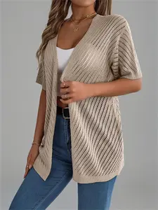 Women's Plain Hollow Out Open Front Sweater Cardigan without Bottom, Casual Fitted Short Sleeve Knitwear for Summer, Fashion Women's Knit Clothing for Daily Wear