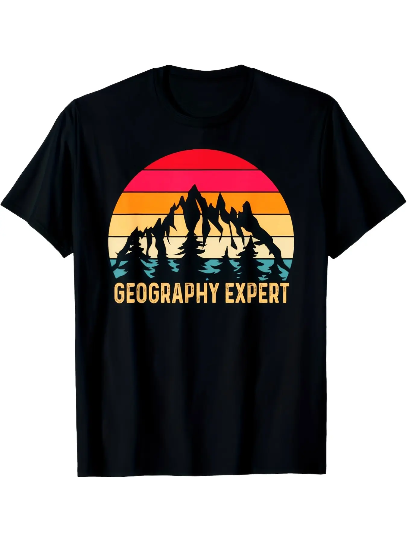 7.5oz Men's Geography Teacher Print T-Shirt, Base with Mountain Pattern, Loose Fit Casual Tee, Breathable Daily Wear, Ideal Gift