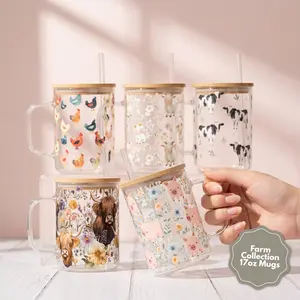 Farm Collection 2025 17oz Glass Mug with Lid & Plastic Straw, Aesthetic Iced Coffee Drinkware