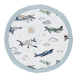 Sweet Jojo Designs Vintage Airplane Boy Baby Play Mat Tummy Time Activity Infant Playmat Playpen Tent Teepee Floor Grey Green Blue White Yellow Airplanes Plane Transportation Clouds Sun Sky Aviator