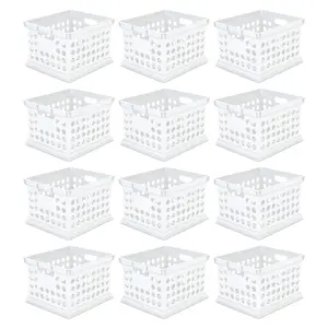 Sterilite Stackable Plastic Storage Open Crate Bin Organizer Box, White, 12-Pack