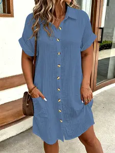 Plus Size Cotton Gauze Shirt Dress, Women's Lapel Pocket Loose Slimming Vacation Casual Solid Mini Dress for Curvy Women, Casual Wear