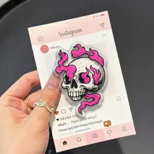 Flaming Skull with Pink Fire MagSafe Phone Grip, Horror Aesthetic Magnetic Phone Holder, Kawaii Scary Fan Gift , Kindle Accessories sticky Baby mount Library Card Flower-Shaped Multi-Functional Stand Universal Car Double-Sided Octo Adjustable Portable