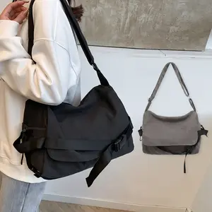 Durable Large Capacity Canvas Shoulder Bag for Women and Men Solid Color Messenger Bag Flap Satchel Side Pockets Zipper Crossbody Purse for Travel & School