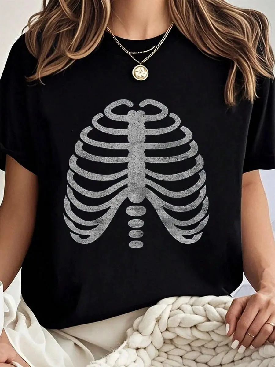 100% cotton Ribcage Bones T-Shirt Women Graphic T-Shirt Cotton Print short Sleeve Casual Top, Summer Tee Womens Tops