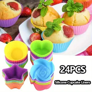 24 Pack Silicone Cupcake Liners Reusable Baking Cups Nonstick Easy Clean Pastry Muffin Molds 4 Shapes Round, Stars, Heart, Flowers, 24 Pieces Colorful