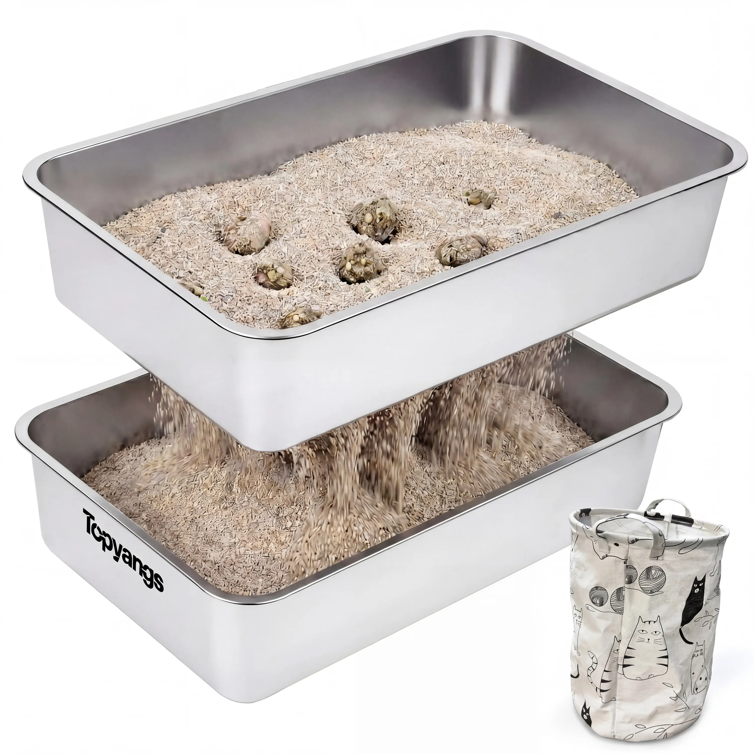 Topyangs XL Capacity High Sided Litter Box - Stainless Steel Safe Litter Tray with Curved Sieve for Easy Cleanup, Odor Control Solutions